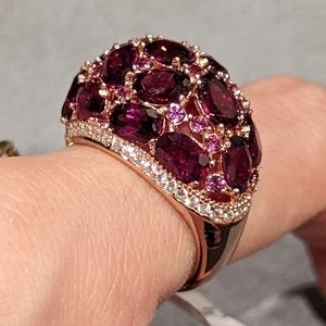 Rhodolite garnet with white zircon accents, Rose gold plated silver bubble ring.